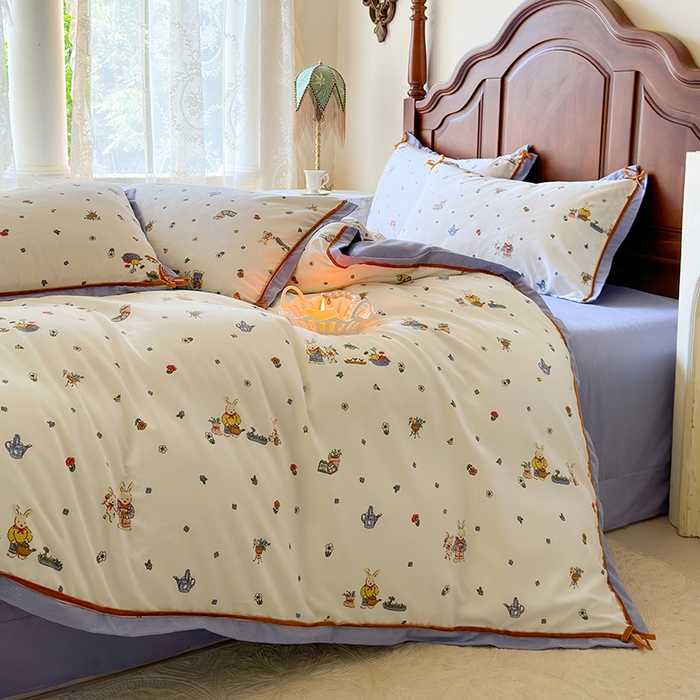 91家纺网 家纺一手货源 找家纺 丫丫家纺 2024小红书直播热款韩版全棉磨毛四件套秋冬加厚保暖全棉四件套美式复古蝴蝶结小清新床单床笠款四件套 南瓜兔