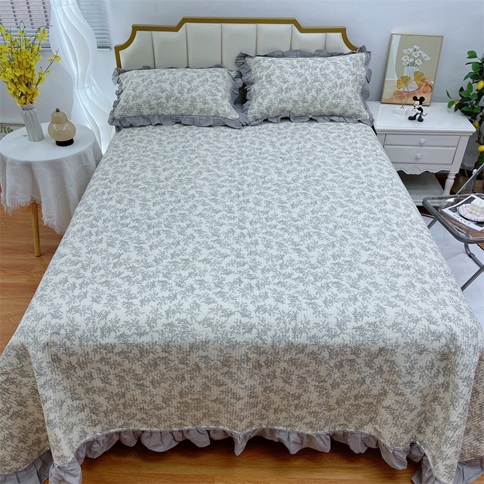 91家纺网 家纺一手货源 找家纺 暖居 2024新款A类双层纱全棉床盖三件套防滑不跑床绗缝加厚纯棉床单 清风