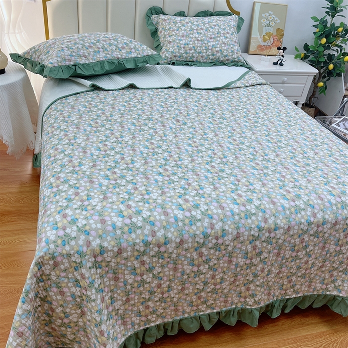 91家纺网 家纺一手货源 找家纺 暖居 2024新款A类双层纱全棉床盖三件套防滑不跑床绗缝加厚纯棉床单 青藤