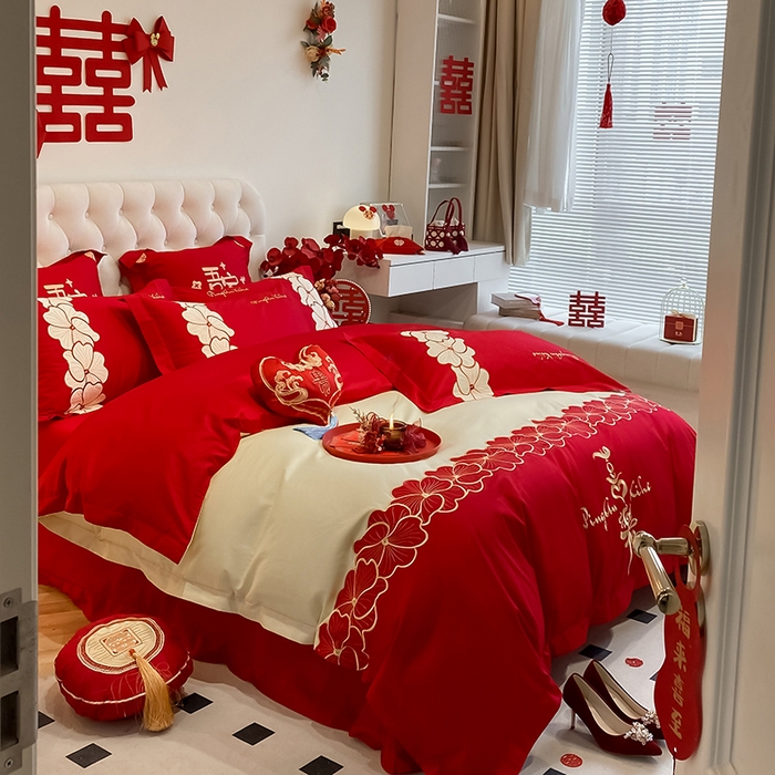 91家纺网 家纺一手货源 找家纺 玉雅家纺 2025新款60支长绒棉时尚拼色浮雕刺绣婚庆四件套 定情