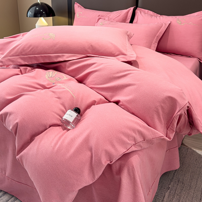 91家纺网 家纺一手货源 找家纺 U品汇 2024新品生态加厚长绒棉纯棉绣花全棉磨毛刺绣四件套直播 飞羽-香妃粉