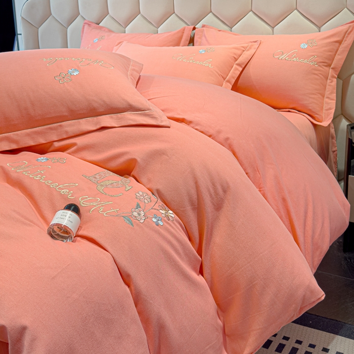 91家纺网 家纺一手货源 找家纺 U品汇 2024新品生态加厚长绒棉纯棉绣花全棉磨毛刺绣四件套直播 迪洛驰-樱花粉