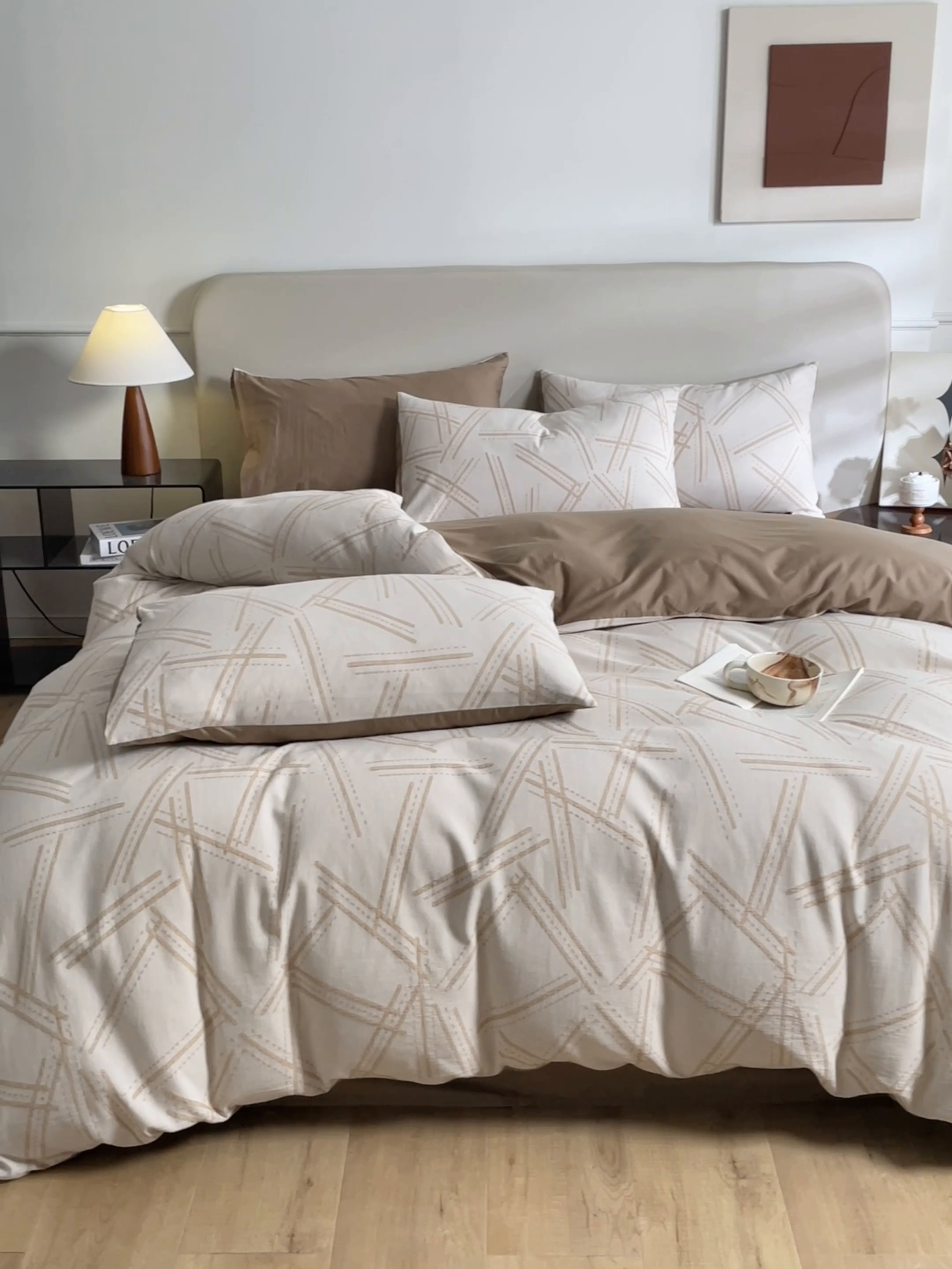 91家纺网 家纺一手货源 找家纺 慕色家纺 2024新款A类全棉色织提花四件套系列 静谧-奶茶咖