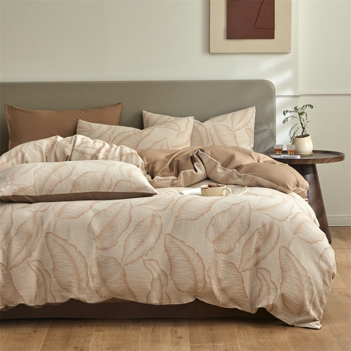 91家纺网 家纺一手货源 找家纺 慕色家纺 2024新款A类全棉色织提花四件套系列 秋思-奶茶咖