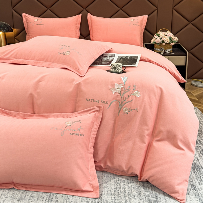 91家纺网 家纺一手货源 找家纺 U品汇 2024新品生态加厚长绒棉纯棉绣花全棉磨毛刺绣四件套直播 百合欢-樱花粉