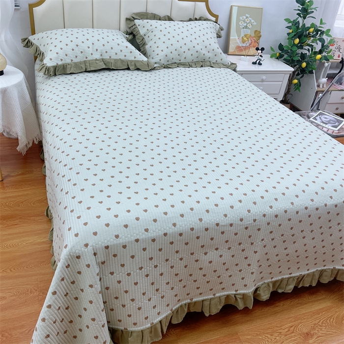 91家纺网 家纺一手货源 找家纺 暖居 2024新款A类双层纱全棉床盖三件套防滑不跑床绗缝加厚纯棉床单 爱心芥末