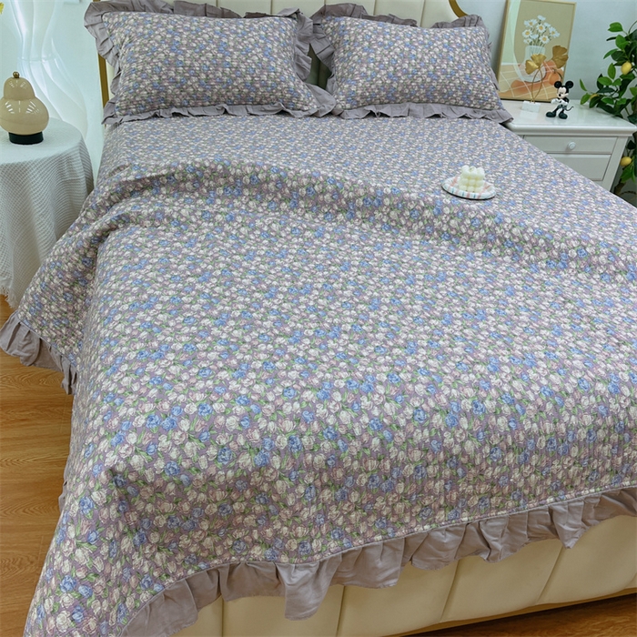 91家纺网 家纺一手货源 找家纺 暖居 2024新款A类双层纱全棉床盖三件套防滑不跑床绗缝加厚纯棉床单 紫霞