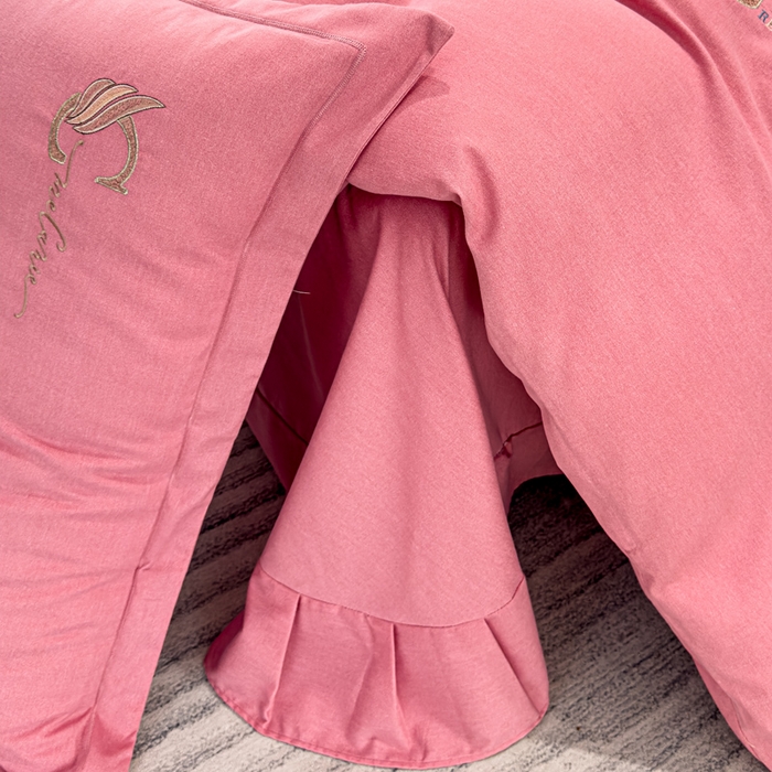 91家纺网 家纺一手货源 找家纺 U品汇 2024新品生态加厚长绒棉纯棉绣花全棉磨毛刺绣四件套直播 飞羽-香妃粉