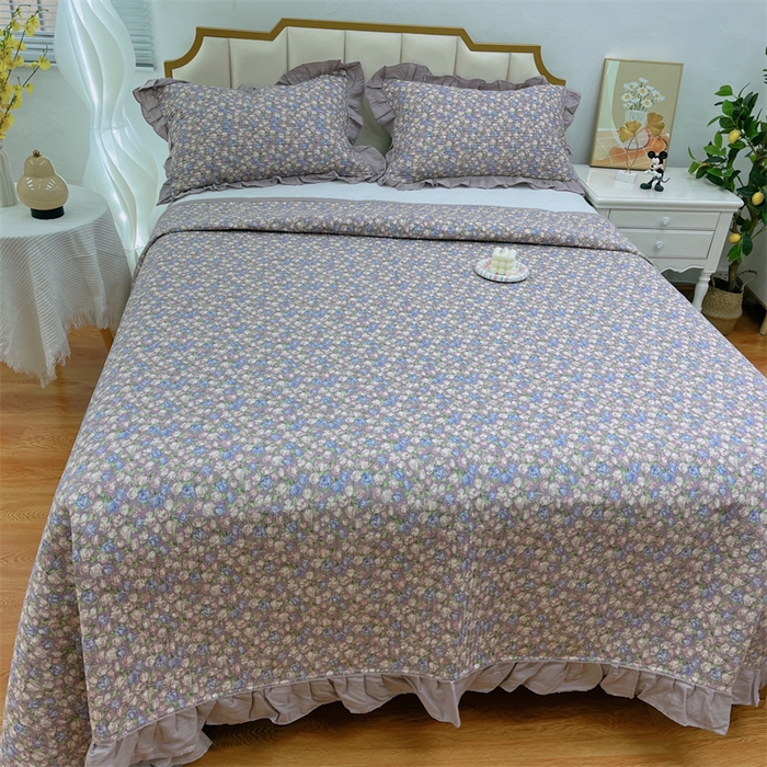 91家纺网 家纺一手货源 找家纺 暖居 2024新款A类双层纱全棉床盖三件套防滑不跑床绗缝加厚纯棉床单 紫霞