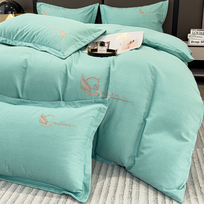 91家纺网 家纺一手货源 找家纺 U品汇 2024新品生态加厚长绒棉纯棉绣花全棉磨毛刺绣四件套直播 飞羽-清新绿