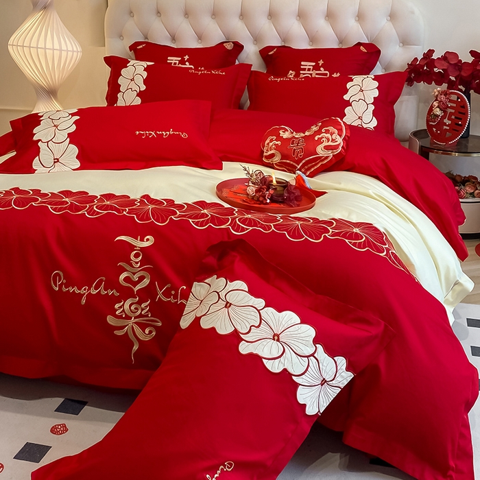 91家纺网 家纺一手货源 找家纺 玉雅家纺 2025新款60支长绒棉时尚拼色浮雕刺绣婚庆四件套 定情