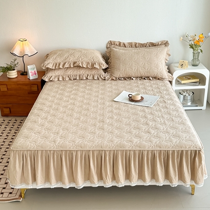 91家纺网 家纺一手货源 找家纺 忘忧草 2024新款色织水洗全棉床笠式床裙夹棉款-花颜系列 花颜-咖