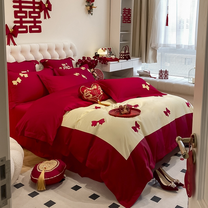 91家纺网 家纺一手货源 找家纺 玉雅家纺 2025新款60支长绒棉时尚拼色浮雕刺绣婚庆四件套 蝴蝶结-奶油黄