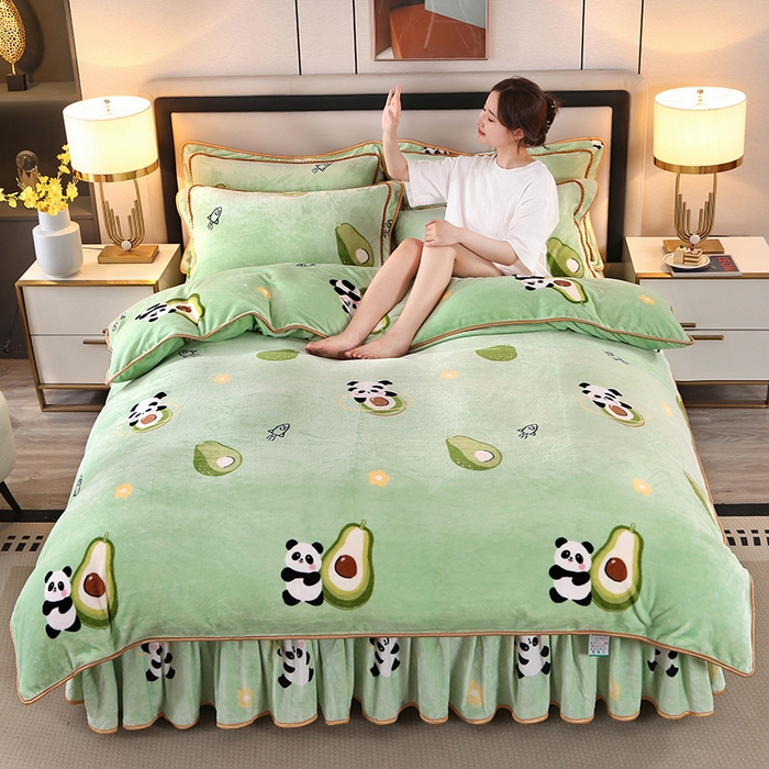 91家纺网 家纺一手货源 找家纺 望淮 2025新款230g印花金貂绒牛奶绒四件套 牛油果