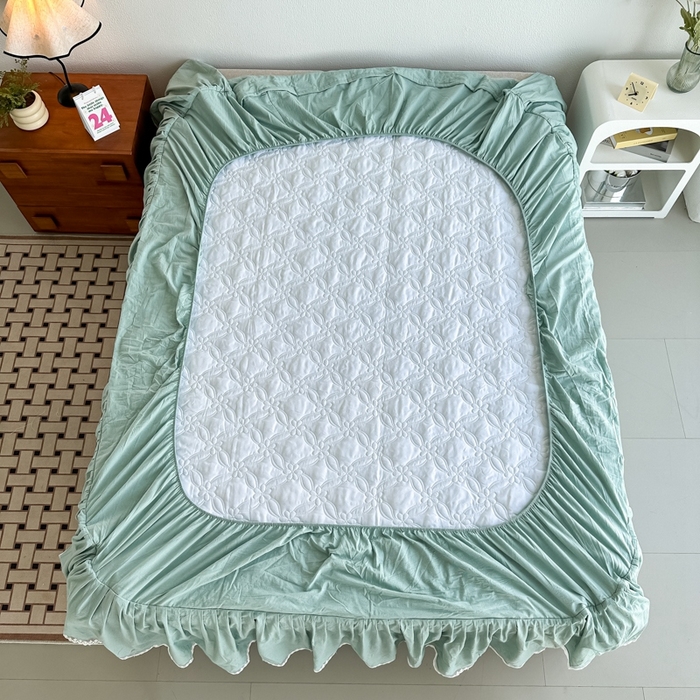 91家纺网 家纺一手货源 找家纺 忘忧草 2024新款色织水洗全棉床笠式床裙夹棉款-花颜系列 花颜-绿