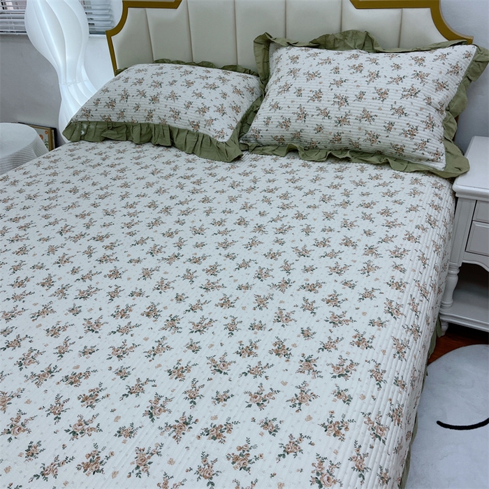 91家纺网 家纺一手货源 找家纺 暖居 2024新款A类双层纱全棉床盖三件套防滑不跑床绗缝加厚纯棉床单 花枝叶