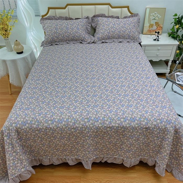 91家纺网 家纺一手货源 找家纺 暖居 2024新款A类双层纱全棉床盖三件套防滑不跑床绗缝加厚纯棉床单 紫霞