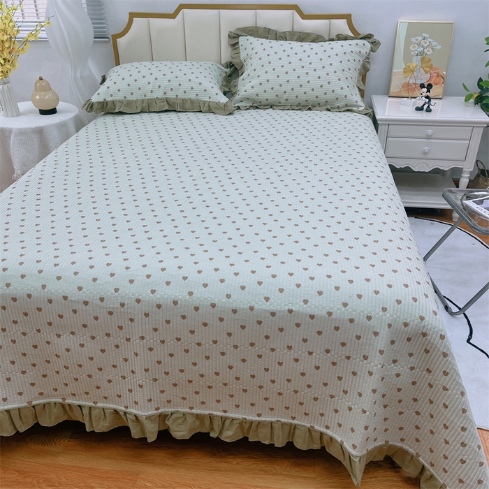 91家纺网 家纺一手货源 找家纺 暖居 2024新款A类双层纱全棉床盖三件套防滑不跑床绗缝加厚纯棉床单 爱心芥末