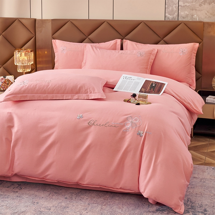 91家纺网 家纺一手货源 找家纺 U品汇 2024新品生态加厚长绒棉纯棉绣花全棉磨毛刺绣四件套直播 花季奇缘-樱花粉