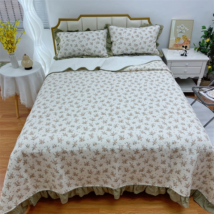 91家纺网 家纺一手货源 找家纺 暖居 2024新款A类双层纱全棉床盖三件套防滑不跑床绗缝加厚纯棉床单 花枝叶