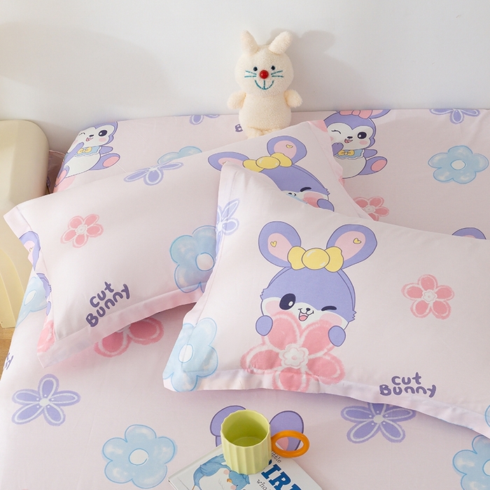 91家纺网 家纺一手货源 找家纺 丽美人家纺 2024新款全棉印花单枕套枕芯 粉色兔宠