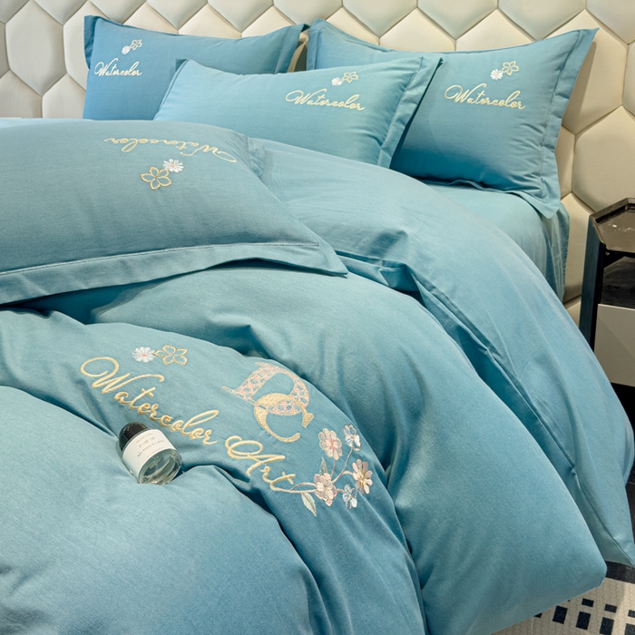 91家纺网 家纺一手货源 找家纺 U品汇 2024新品生态加厚长绒棉纯棉绣花全棉磨毛刺绣四件套直播 迪洛驰-月光蓝