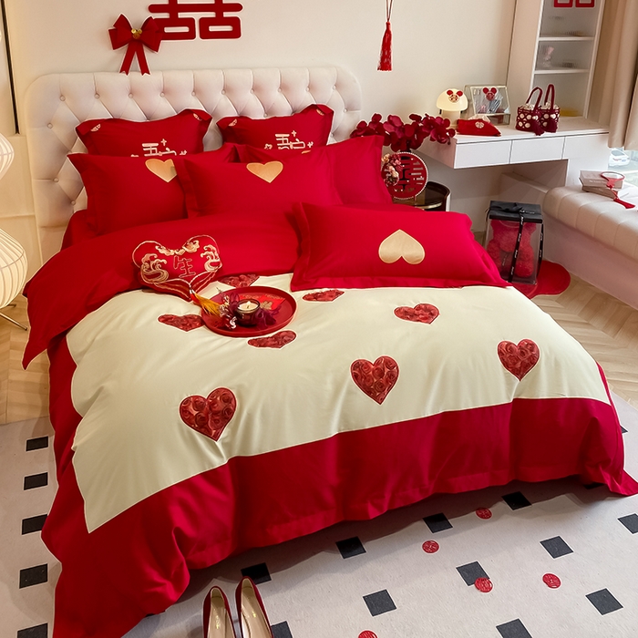 91家纺网 家纺一手货源 找家纺 玉雅家纺 2025新款60支长绒棉时尚拼色浮雕刺绣婚庆四件套 恩爱-奶油黄