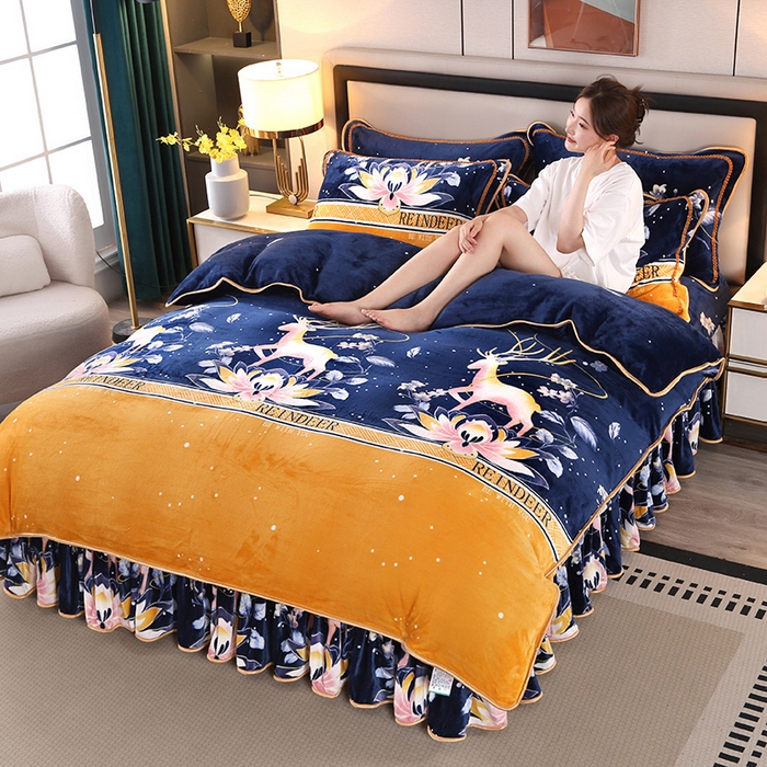 91家纺网 家纺一手货源 找家纺 望淮 2025新款230g印花金貂绒牛奶绒四件套 梦幻小鹿