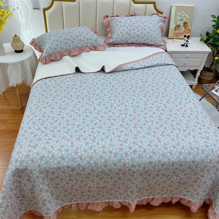 91家纺网 家纺一手货源 找家纺 暖居 2024新款A类双层纱全棉床盖三件套防滑不跑床绗缝加厚纯棉床单 苍蓝花