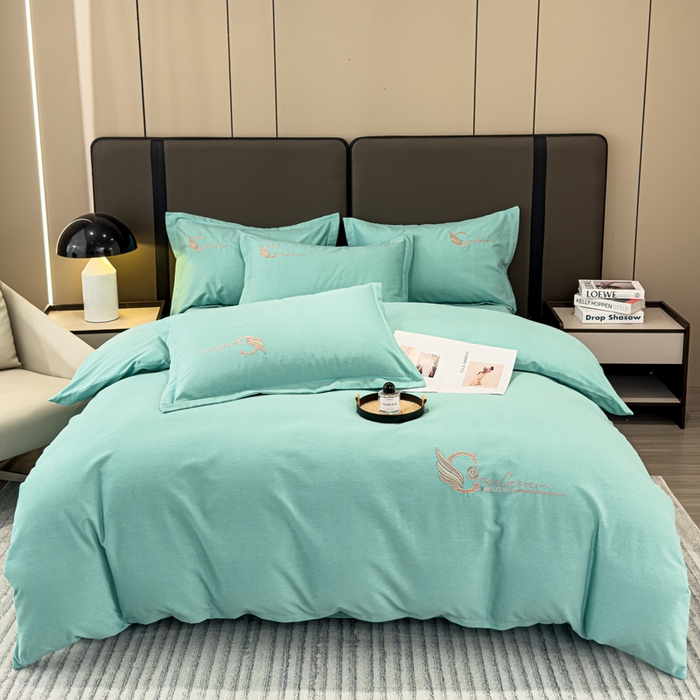 91家纺网 家纺一手货源 找家纺 U品汇 2024新品生态加厚长绒棉纯棉绣花全棉磨毛刺绣四件套直播 飞羽-清新绿