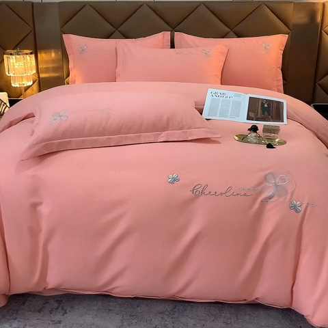 91家纺网 家纺一手货源 找家纺 U品汇 2024新品生态加厚长绒棉纯棉绣花全棉磨毛刺绣四件套直播 花季奇缘-樱花粉