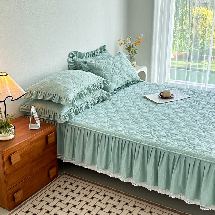 91家纺网 家纺一手货源 找家纺 忘忧草 2024新款色织水洗全棉床笠式床裙夹棉款-花颜系列 花颜-绿