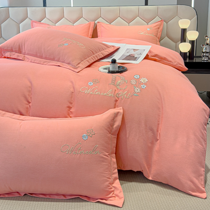 91家纺网 家纺一手货源 找家纺 U品汇 2024新品生态加厚长绒棉纯棉绣花全棉磨毛刺绣四件套直播 迪洛驰-樱花粉