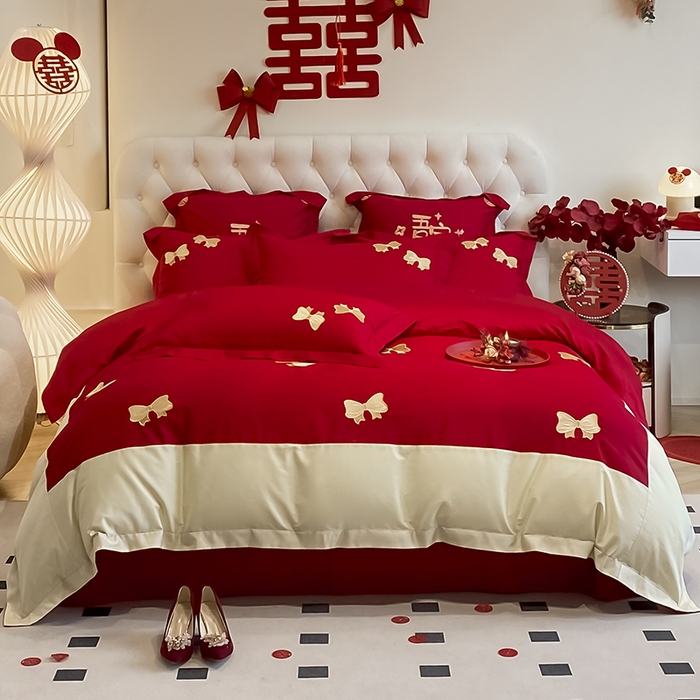 91家纺网 家纺一手货源 找家纺 玉雅家纺 2025新款60支长绒棉时尚拼色浮雕刺绣婚庆四件套 蝴蝶结-红