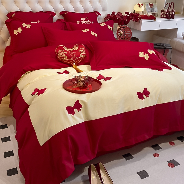 91家纺网 家纺一手货源 找家纺 玉雅家纺 2025新款60支长绒棉时尚拼色浮雕刺绣婚庆四件套 蝴蝶结-奶油黄