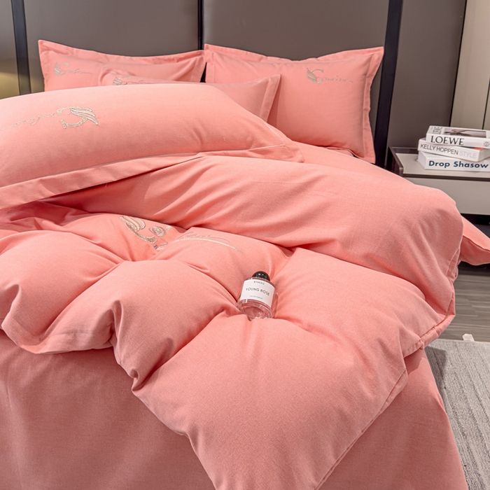 91家纺网 家纺一手货源 找家纺 U品汇 2024新品生态加厚长绒棉纯棉绣花全棉磨毛刺绣四件套直播 飞羽-樱花粉