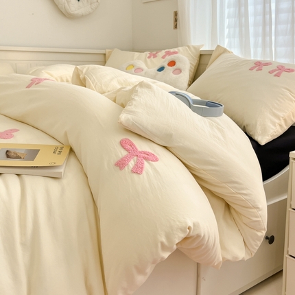 91家纺网 家纺一手货源 找家纺 （总）2024新款ins博主风爆款纯色波点蝴蝶结毛巾绣软糯糯水洗m四件套（专版花型）