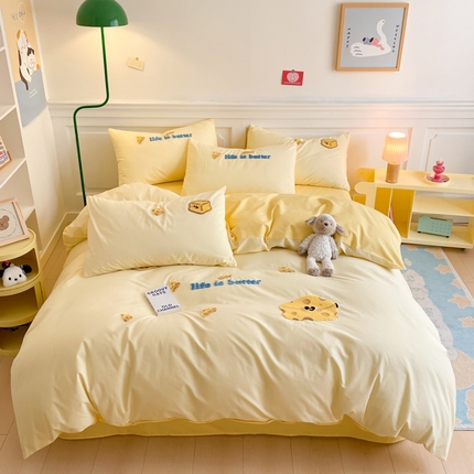 91家纺网 家纺一手货源 找家纺 丽美人家纺 2024新款水洗棉毛巾绣卡通四件套 海绵宝宝