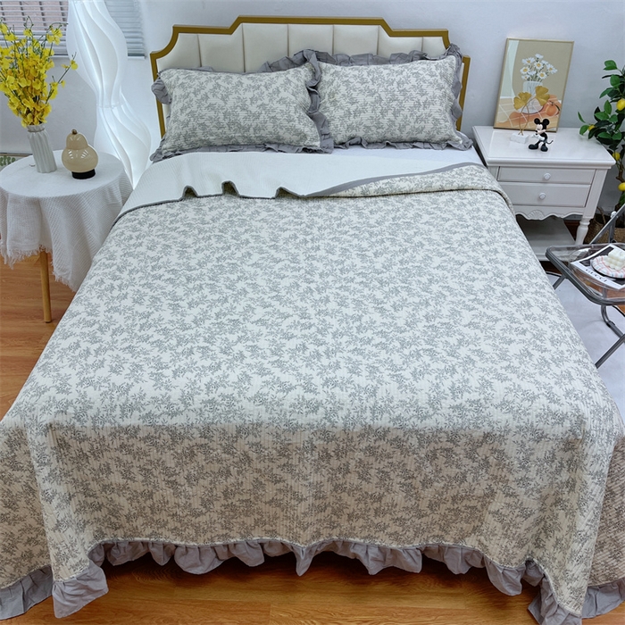 91家纺网 家纺一手货源 找家纺 暖居 2024新款A类双层纱全棉床盖三件套防滑不跑床绗缝加厚纯棉床单 清风