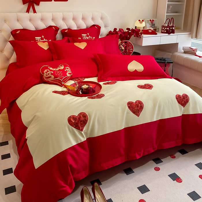 91家纺网 家纺一手货源 找家纺 玉雅家纺 2025新款60支长绒棉时尚拼色浮雕刺绣婚庆四件套 恩爱-奶油黄