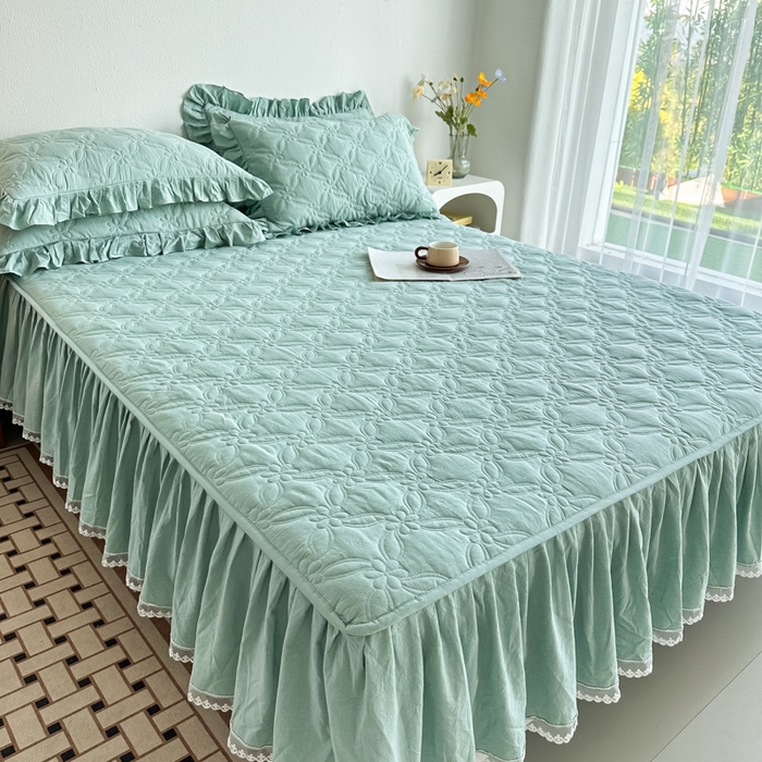 91家纺网 家纺一手货源 找家纺 忘忧草 2024新款色织水洗全棉床笠式床裙夹棉款-花颜系列 花颜-绿