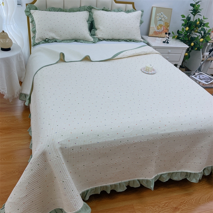 91家纺网 家纺一手货源 找家纺 暖居 2024新款A类双层纱全棉床盖三件套防滑不跑床绗缝加厚纯棉床单 奶油波点
