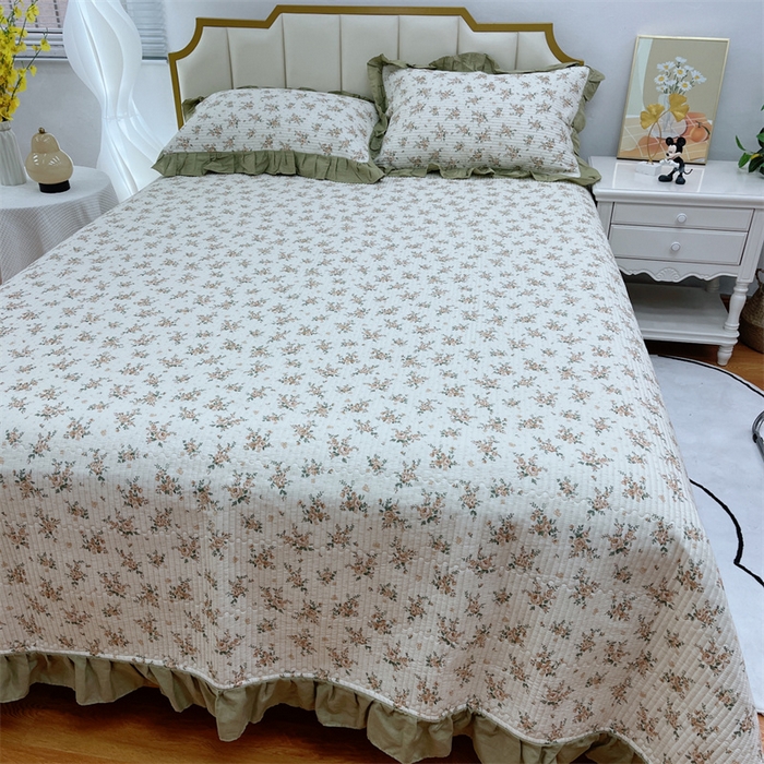 91家纺网 家纺一手货源 找家纺 暖居 2024新款A类双层纱全棉床盖三件套防滑不跑床绗缝加厚纯棉床单 花枝叶