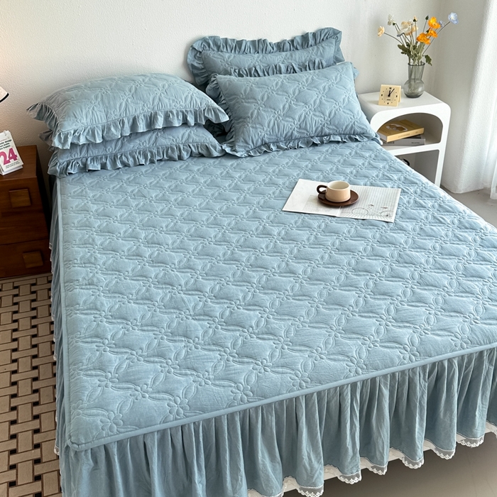 91家纺网 家纺一手货源 找家纺 忘忧草 2024新款色织水洗全棉床笠式床裙夹棉款-花颜系列 花颜-蓝