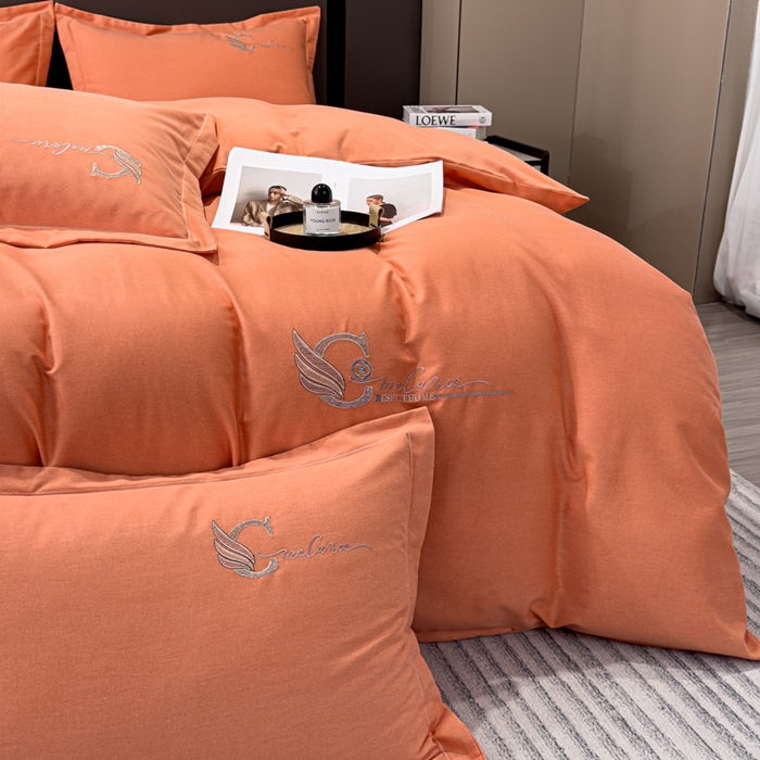 91家纺网 家纺一手货源 找家纺 U品汇 2024新品生态加厚长绒棉纯棉绣花全棉磨毛刺绣四件套直播 飞羽-活力桔