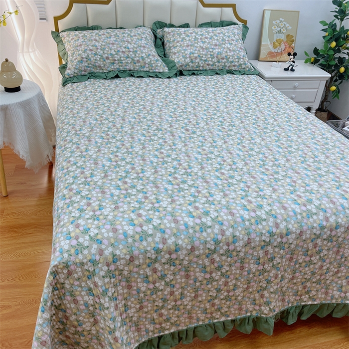 91家纺网 家纺一手货源 找家纺 暖居 2024新款A类双层纱全棉床盖三件套防滑不跑床绗缝加厚纯棉床单 青藤