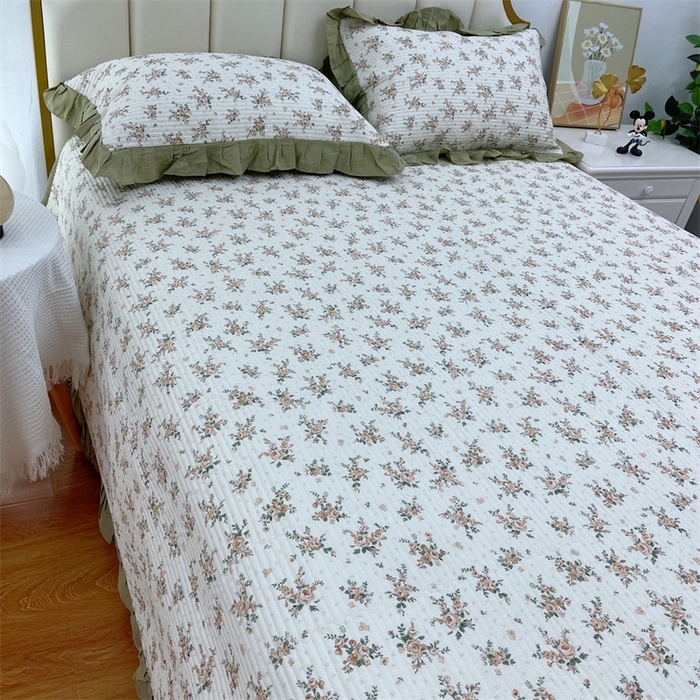 91家纺网 家纺一手货源 找家纺 暖居 2024新款A类双层纱全棉床盖三件套防滑不跑床绗缝加厚纯棉床单 花枝叶