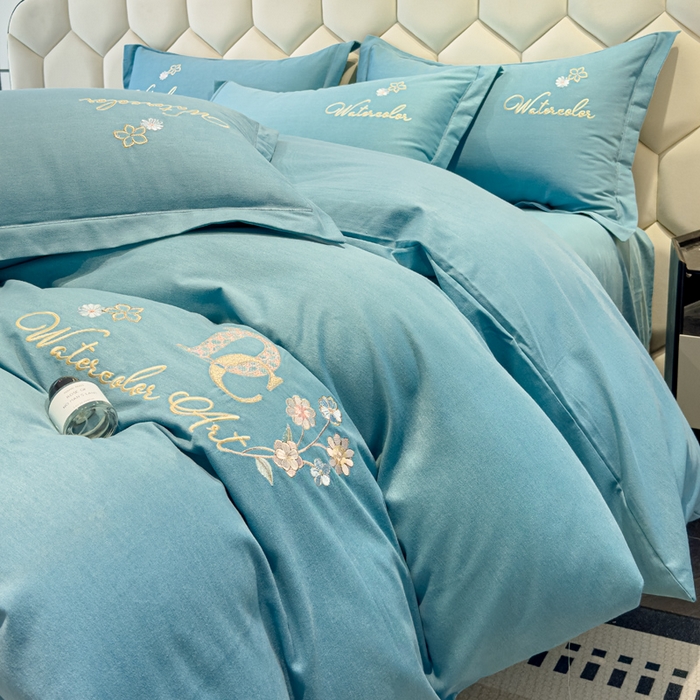 91家纺网 家纺一手货源 找家纺 U品汇 2024新品生态加厚长绒棉纯棉绣花全棉磨毛刺绣四件套直播 迪洛驰-月光蓝