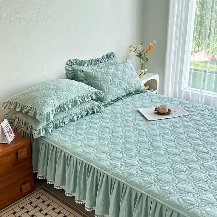 91家纺网 家纺一手货源 找家纺 忘忧草 2024新款色织水洗全棉床笠式床裙夹棉款-花颜系列 花颜-绿