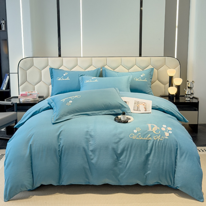 91家纺网 家纺一手货源 找家纺 U品汇 2024新品生态加厚长绒棉纯棉绣花全棉磨毛刺绣四件套直播 迪洛驰-月光蓝